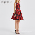 Floral Woven A Line Mini Party Satin Dress Square Neck Prom Red And Black Dress